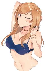Rule 34 | 1girl, absurdres, bare shoulders, blush, bra, bracelet, breasts, cleavage, commentary request, copyright request, highres, jewelry, large breasts, looking at viewer, navel, one eye closed, orange hair, purple bra, red eyes, simple background, smile, solo, tuxedo de cat, underwear, upper body, wet, white background