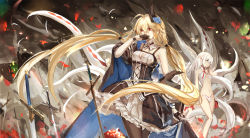Rule 34 | 2girls, absurdly long hair, ahoge, armeechef, black legwear, blonde hair, breasts, cleavage, covering own mouth, dress, fire, gloves, hair between eyes, half gloves, hand over own mouth, highres, holding, holding sword, holding weapon, long hair, multiple girls, multiple tails, pantyhose, pixiv fantasia, red eyes, saberiii, stomach, sword, tail, twintails, vampire, very long hair, weapon