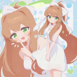 Rule 34 | 1girl, :d, alternate costume, anzen robo (474zz), breasts, brown hair, circle, cleavage, cowboy shot, doki doki literature club, dress, flower (symbol), green eyes, hair intakes, heart, index finger raised, light smile, long hair, looking at viewer, medium breasts, monika (doki doki literature club), multiple views, open mouth, own hands together, ponytail, ribbon, smile, solo, sparkle, twitter username, very long hair, white dress, white ribbon