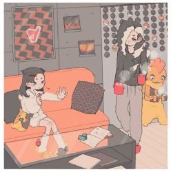 Rule 34 | 1boy, 1girl, applying manicure, black hair, blush, bottle, brother and sister, coffee table, commentary, couch, creatures (company), cup, cushion, fluffy legwear, fur jacket, game freak, gen 5 pokemon, gen 8 pokemon, green eyes, grey pants, hair ornament, hairclip, hands up, highres, holding, holding cup, indoors, jacket, long sleeves, looking at another, marnie (pokemon), morpeko, morpeko (full), mug, multicolored hair, nail polish, nintendo, nyanda, painting nails, pants, piers (pokemon), pigeon-toed, pokemon, pokemon (creature), pokemon swsh, scrafty, siblings, sitting, slippers, steam, symbol-only commentary, table, two-tone hair