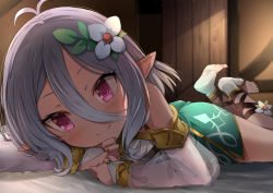 Rule 34 | 1girl, antenna hair, barefoot, bed, blush, detached sleeves, dress, feet up, flower, foreshortening, hair flower, hair ornament, head tilt, highres, kokkoro (princess connect!), looking at viewer, lying, natsushima memo, on stomach, pillow, pink eyes, pointy ears, princess connect!, see-through, see-through sleeves, short hair, silver hair, sleeveless, sleeveless dress, smile, solo, split mouth, toeless legwear
