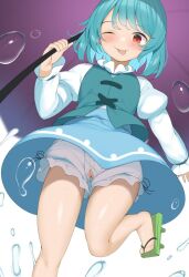 Rule 34 | 1girl, bloomers, blue hair, blue skirt, blue vest, cleft of venus, closed mouth, geta, green footwear, holding, holding umbrella, juliet sleeves, long sleeves, looking at viewer, one eye closed, piyodesu, puffy sleeves, purple umbrella, red eyes, simple background, skirt, smile, solo, tatara kogasa, tongue, tongue out, touhou, umbrella, underwear, vest, white background