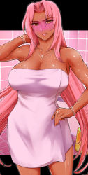 Rule 34 | 1girl, blush, bracelet, breasts, brown eyes, cleavage, clenched teeth, cowboy shot, dark-skinned female, dark skin, hair intakes, hand on own hip, hand up, ingrid (taimanin asagi), ingrid (taimanin murasaki), jewelry, large breasts, long hair, looking at viewer, maguro teikoku, mole, mole under mouth, multiple necklaces, multiple rings, naked towel, necklace, pink hair, pinky ring, ring, solo, standing, taimanin (series), taimanin murasaki, teeth, towel, very long hair, wet