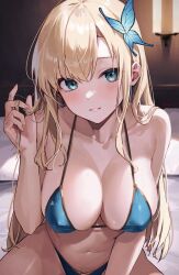 Rule 34 | 1girl, bare arms, bare shoulders, bikini, blonde hair, blue bikini, blue eyes, boku wa tomodachi ga sukunai, breasts, butterfly hair ornament, cleavage, collarbone, commentary, grin, hair ornament, halterneck, hand up, highres, holding, holding own hair, kashiwazaki sena, large breasts, long hair, looking at viewer, navel, skindentation, smile, solo, sooon, stomach, string bikini, swimsuit