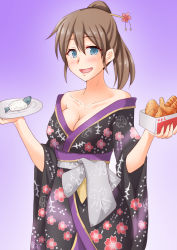 Rule 34 | 1girl, anti (untea9), blue eyes, blush, breasts, brown hair, chicken (food), cleavage, fast food, fish, floral print, flower, fried chicken, hair between eyes, hair flower, hair ornament, highres, intrepid (kancolle), japanese clothes, kantai collection, kfc, kimono, large breasts, long hair, looking at viewer, open mouth, ponytail, rice, smile, solo, wide sleeves