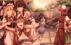 Rule 34 | 4girls, ^ ^, apron, arm around shoulder, arm grab, ascot, bandages, belt, blonde hair, blunt bangs, bow, bowtie, brown eyes, brown hair, bun cover, chain, chinese clothes, closed eyes, commentary, destruction, drunk, flower, gourd, hair bow, hair tubes, hakurei reimu, hand on own hip, hat, highres, holding another&#039;s arm, horn ornament, horn ribbon, horns, ibaraki kasen, ibuki suika, kirisame marisa, long hair, looking back, mefomefo, multiple girls, one eye closed, open mouth, red hair, ribbon, rose, serious, shrine, smile, thumbs up, touhou, tree, waist apron, wavy hair, wide sleeves, witch hat, wrist cuffs, yellow eyes