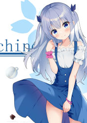 Rule 34 | 1girl, absurdres, artist name, bare shoulders, blue dress, blue eyes, blue ribbon, blush, character name, closed mouth, clothes lift, coffee beans, commentary request, cup, dress, dress lift, floral background, frilled shirt, frills, gluteal fold, gochuumon wa usagi desu ka?, hair between eyes, hair ribbon, hand up, head tilt, highres, kafuu chino, long hair, off-shoulder shirt, off shoulder, puffy short sleeves, puffy sleeves, ribbon, shirt, short sleeves, silver hair, sleeveless, sleeveless dress, smile, solo, two side up, very long hair, white background, white shirt, wrist cuffs, yimiao