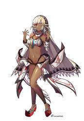 Rule 34 | 10s, 1girl, altera (fate), bad id, bad pixiv id, bare shoulders, breasts, dark-skinned female, dark skin, detached sleeves, fate/extella, fate/extra, fate/grand order, fate (series), full body, highres, looking at viewer, medium breasts, midriff, nail polish, navel, one eye closed, red eyes, short hair, simple background, solo, suou-sensei, veil, white background, white hair