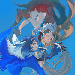 Rule 34 | 2girls, bare legs, blue background, blue eyes, blue hair, boots, brown capelet, brown corset, cape, capelet, chain, chain headband, closed eyes, corset, detached sleeves, feather hair ornament, feathers, floating, gloves, hair ornament, head chain, headdress, hololive, hololive english, jewelry, kisuu (oddnumberr ), laughing, long hair, multiple girls, nanashi mumei, ouro kronii, ponytail, red skirt, ribbon, ribbon earrings, shirt, short hair, skirt, turtleneck, unfinished, upside-down, very long hair, virtual youtuber, white shirt