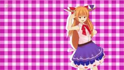 Rule 34 | 1girl, 3d, 60fps, :d, = =, \n/, ^ ^, animated, artist name, audible music, audible speech, blue skirt, bow, bowtie, brown footwear, brown horns, buttons, closed eyes, closed mouth, colored shadow, cookie (touhou), dancing, drop shadow, eyebrows hidden by hair, fang, female focus, footwear bow, full body, hair between eyes, hair bow, hand up, hands up, highres, horn ornament, horn ribbon, horns, ibuki suika, japanese goblin (meme), long hair, low-tied long hair, meme, mikumikudance (medium), mtb, multicolored clothes, multicolored skirt, oni, open mouth, orange hair, own hands together, parody, pink shirt, pink socks, plaid, plaid background, pointing, pointing at self, purple skirt, red bow, red eyes, ribbon, shadow, shirt, simple background, skirt, sleeveless, sleeveless shirt, smile, smug, socks, solo, sound, standing, torn clothes, touhou, video, watermark, white background, yamin (cookie)