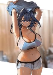 Rule 34 | 1girl, black hair, blue eyes, blue hair, breasts, cleavage, hair intakes, highres, hololive, hololive english, large breasts, looking at viewer, midriff, navel, ouro kronii, shirt, short hair, short shorts, shorts, solo, sports bra, sweat, thighs, two-tone sports bra, undressing, virtual youtuber, vyragami