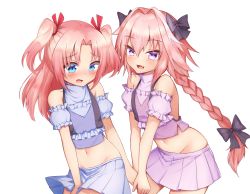 Rule 34 | 2boys, :d, absurdres, arikawa hime, astolfo (fate), black bow, blue eyes, blue shirt, blue skirt, blush, bow, braid, commission, copyright request, crossdressing, crossover, detached sleeves, fang, fate/apocrypha, fate (series), groin, hair between eyes, hair bow, hair ribbon, highres, himegoto, holding hands, klaius, looking at viewer, male focus, miniskirt, multiple boys, navel, open mouth, pink hair, pleated skirt, puffy detached sleeves, puffy short sleeves, puffy sleeves, purple eyes, purple shirt, purple skirt, ribbon, shirt, short sleeves, simple background, single braid, skin fang, skirt, smile, trait connection, trap, two side up, white background