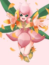 Rule 34 | 1girl, :d, absurdres, digimon, fairy, flower, from above, green eyes, highres, leaves, lilimon, looking at viewer, nail polish, no nose, open mouth, petals, plant, reaching, reaching towards viewer, smile, standing, teeth, thorns, upper teeth only