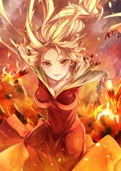 Rule 34 | 1girl, alternate color, alternate element, alternate eye color, artist name, blonde hair, breasts, cleavage, commentary, dress, elsa (frozen), fire, flaming hand, frozen (disney), long hair, looking at viewer, re lucy, red dress, revision, signature, solo, yellow eyes