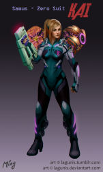 Rule 34 | 1girl, arm cannon, armor, blonde hair, blue eyes, bodysuit, breasts, clenched hand, commentary, fusion, hair ornament, hairclip, long hair, metroid, ming-yin wong, neon trim, nintendo, nose, pauldrons, ponytail, power suit, samus aran, shoulder armor, small breasts, solo, weapon, zero suit
