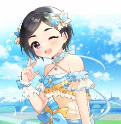 Rule 34 | 1girl, ;d, bare shoulders, black hair, blush, bow, bridge, city, cloud, cloudy sky, day, detached collar, dress, falling petals, frilled dress, frills, hair ornament, hand up, highres, idolmaster, idolmaster cinderella girls, idolmaster cinderella girls starlight stage, jewelry, lace trim, looking at viewer, matsuo chizuru, motimotica, necklace, one eye closed, open mouth, petals, purple eyes, river, riverbank, scrunchie, short hair, sky, smile, solo, thick eyebrows, waist bow