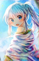 Rule 34 | 1girl, :o, bare shoulders, blue background, blue eyes, blush, grey hair, highres, itsumizu, light particles, looking at viewer, looking back, medium hair, mononobe no futo, no headwear, open mouth, ponytail, touhou, upper body