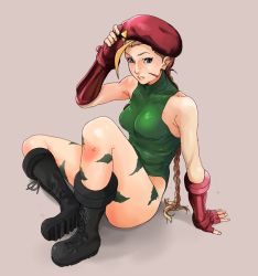 Rule 34 | 1girl, ahoge, bad id, bad pixiv id, bare legs, beret, blonde hair, blue eyes, boots, braid, breasts, cammy white, combat boots, fingerless gloves, gloves, hat, highres, huge ahoge, inukoro, leotard, long hair, scar, sitting, solo, street fighter, twin braids
