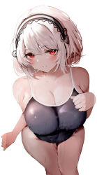 Rule 34 | 1girl, azur lane, bare arms, bare shoulders, black hairband, black one-piece swimsuit, black ribbon, blush, bob cut, breasts, cleavage, closed mouth, collarbone, groin, hair between eyes, hairband, hand on own chest, huge breasts, leaning forward, legs, legs together, long bangs, looking at viewer, one-piece swimsuit, raised eyebrows, raru (nanaharararu), red eyes, ribbon, ribbon-trimmed hairband, school swimsuit, simple background, sirius (azur lane), solo, standing, swimsuit, thighs, two-tone hairband, wet, wet clothes, wet swimsuit, white background, white hair, white hairband, wide hips
