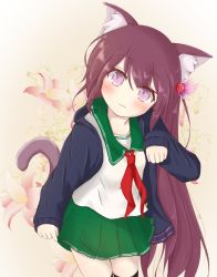 Rule 34 | 1girl, animal ears, black cardigan, black thighhighs, blush, cardigan, cat ears, cat girl, cat tail, closed mouth, commentary request, fang, fang out, flower, green sailor collar, green skirt, hair between eyes, hair ornament, hand up, head tilt, highres, kantai collection, kemonomimi mode, kisaragi (kancolle), kisaragi kai ni (kancolle), long hair, long sleeves, neckerchief, open cardigan, open clothes, paw pose, pink flower, pleated skirt, purple eyes, purple hair, red neckerchief, ridy (ri sui), sailor collar, school uniform, serafuku, shirt, skirt, sleeves past wrists, smile, solo, tail, thighhighs, very long hair, white shirt