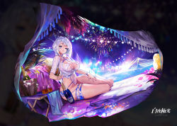 Rule 34 | 1girl, absurdres, aerial fireworks, agoto, alchemy stars, azure (alchemy stars), azure (warm night air) (alchemy stars), barefoot, blue eyes, bottle, bracelet, breasts, cleavage, cup, dutch angle, fireworks, full body, highres, jewelry, large breasts, long hair, looking at viewer, night, official art, one-piece swimsuit, outdoors, palm tree, parted lips, shirt, short sleeves, sitting, solo, swimsuit, swimsuit under clothes, tied shirt, tree, white hair, white one-piece swimsuit, white shirt