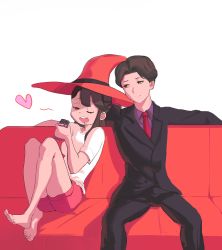 Rule 34 | 1boy, 1girl, absurdres, andrew hanbridge, brown hair, couch, feet, hat, highres, kagari atsuko, little witch academia, red eyes, shorts, sitting, subu art, witch, witch hat