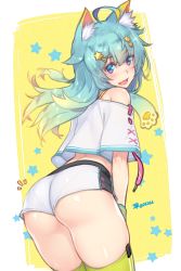 Rule 34 | 1girl, :d, ahoge, animal ear fluff, animal ears, aqua hair, ass, bare shoulders, blonde hair, blue eyes, bra strap, cat ears, commentary request, crop top, crop top overhang, dan (kumadan), drawstring, fangs, gradient hair, green thighhighs, hair ornament, hairclip, highres, lanmewko, leaning forward, long hair, looking at viewer, midriff, multicolored eyes, multicolored hair, notice lines, off-shoulder shirt, off shoulder, open mouth, original, purple eyes, revision, shirt, short shorts, short sleeves, shorts, smile, solo, standing, star (symbol), star hair ornament, sweatband, thighhighs, thighs, twitter username, virtual youtuber, white shirt, white shorts