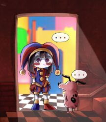 Rule 34 | ..., 1boy, 1girl, artist logo, artist name, blue eyes, blue footwear, blue gloves, blush stickers, brown hair, checkered floor, closed mouth, colored skin, commentary, courage (character), courage the cowardly dog, crossover, english commentary, expressionless, from behind, gloves, hat, highres, looking at another, pink fur, pomni (the amazing digital circus), red eyes, red footwear, red gloves, scruffyart, speech bubble, spoken ellipsis, spots, striped clothes, striped headwear, the amazing digital circus, trait connection, two-tone bodysuit, two-tone eyes, two-tone footwear, two-tone gloves, two-tone hat, vertical-striped clothes, vertical-striped headwear, white skin