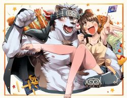 Rule 34 | 1boy, 1girl, abs, ainu clothes, alternate costume, alternate hairstyle, animal ears, bare pectorals, blush, brown hair, carrying, chest hair, cropped torso, denim, denim shorts, food, food on face, food request, french fries, furry, furry male, furry with non-furry, gakuran, grey fur, grey hair, headband, hetero, highres, horkeu kamui, interspecies, jacket, jacket on shoulders, large pectorals, long hair, protagonist 2 (housamo), muscular, muscular male, navel, nipples, pectorals, princess carry, revealing clothes, school uniform, short hair, shorts, stomach, sumi wo hakuneko, tail, tokyo houkago summoners, two-tone fur, vambraces, white fur, wolf boy, wolf ears, wolf tail, yellow eyes