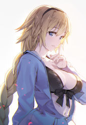 Rule 34 | 1girl, bikini, black bikini, black hairband, blonde hair, blue eyes, blue jacket, blush, braid, breasts, cleavage, collarbone, fate/grand order, fate (series), hair between eyes, hairband, hood, hooded jacket, index finger raised, jacket, jeanne d&#039;arc (fate), jeanne d&#039;arc (ruler) (fate), jeanne d&#039;arc (swimsuit archer) (fate), jeanne d&#039;arc (swimsuit archer) (first ascension) (fate), large breasts, long braid, long hair, long sleeves, looking at viewer, navel, open clothes, open jacket, parted lips, single braid, smile, solo, swimsuit, yahako