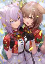 Rule 34 | 2girls, ahoge, alternate costume, animal ear fluff, animal ears, black gloves, bone hair ornament, brown eyes, brown hair, capelet, cat ears, cat tail, closed mouth, dog ears, dog girl, dog tail, dress, fur-trimmed capelet, fur-trimmed gloves, fur trim, gloves, hair ornament, heart hands failure, highres, hololive, inugami korone, kelly 0w0, listener (inugami korone), looking at viewer, multiple girls, nekomata okayu, open mouth, plant hair, purple eyes, purple hair, red capelet, smile, tail, virtual youtuber, white dress