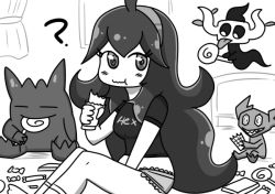 Rule 34 | ?, @ @, ahoge, between legs, blush, breasts, candy, clothes writing, creatures (company), eating, floating, food, game freak, gen 1 pokemon, gen 3 pokemon, gen 6 pokemon, gengar, greyscale, hairband, hand between legs, hand up, hex maniac (pokemon), indoors, licking, lollipop, long hair, looking at viewer, looking to the side, medium breasts, monochrome, nintendo, npc trainer, panties, phantump, pokemon, pokemon (creature), pokemon xy, putri (somedude1727), sableye, sharp teeth, shirt, short sleeves, sitting, smile, socks, teeth, text focus, tongue, tongue out, underwear