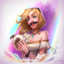 Rule 34 | 1girl, absurdres, angelmoonlight, animal, artist name, bare shoulders, black hairband, blonde hair, blue eyes, breasts, cleavage, cup, detached sleeves, fake facial hair, fake mustache, hairband, hands up, highres, holding, holding animal, holding cup, jewelry, league of legends, lux (league of legends), medium breasts, necklace, off shoulder, pink background, poro (league of legends), short hair, smile, solo, teeth