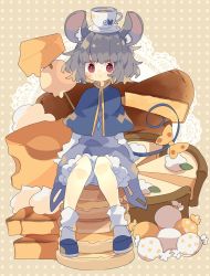Rule 34 | 1girl, :&lt;, animal ear fluff, animal ears, animal print, black footwear, blush, bobby socks, bow, candy, capelet, cheese, cup, dress, food, full body, grey dress, grey hair, highres, jewelry, long sleeves, looking at viewer, mouse ears, mouse print, mouse tail, nazrin, nikorashi-ka, object on head, pendant, polka dot, polka dot bow, red eyes, saucer, shirt, short hair, sitting, sitting on food, skewer, socks, solo, tail, tail bow, tail ornament, teacup, touhou, white shirt, white socks, wrapped candy, yellow bow