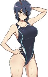 Rule 34 | 1girl, blush, breasts, competition swimsuit, eyepatch, hand on own hip, highres, kantai collection, large breasts, mordeth, one-piece swimsuit, open mouth, purple hair, short hair, simple background, solo, sweat, swimsuit, tenryuu (kancolle), white background, yellow eyes