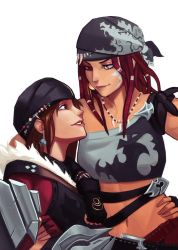 Rule 34 | 2girls, arm around shoulder, arm around waist, bandana, bare shoulders, brown eyes, brown hair, closed mouth, commission, dreadlocks, earrings, facial mark, final fantasy, final fantasy xiv, fingerless gloves, gloves, heterochromia, highres, hyur, jewelry, looking at another, midriff, monk (final fantasy), multiple girls, navel, necklace, parted lips, qtori, red hair, smile, warrior (final fantasy), white background