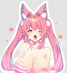 Rule 34 | 1girl, animal ears, artist name, bikini, bikini top only, breasts, drag0nia, hair ornament, hair ribbon, highres, large breasts, nipples, one-piece swimsuit, one eye closed, original, pink eyes, pink hair, ribbon, saliva, simple background, solo, swimsuit, tongue, tongue out, twintails