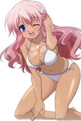 Rule 34 | &gt; &lt;, 1girl, absurdres, artist request, baka to test to shoukanjuu, bikini, blue eyes, blush, body writing, breasts, cleavage, closed eyes, dark-skinned female, dark skin, extraction, female focus, hair ornament, highres, himeji mizuki, legs, long hair, one eye closed, open mouth, pink hair, simple background, smile, solo, swimsuit, tan, tanline, thighs, third-party edit, wink