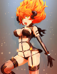 Rule 34 | 1girl, blush, breasts, cleavage, demon girl, elbow gloves, fire, fishnet thighhighs, fishnets, garter straps, gloves, highres, horns, kousoku otome no seikatai, kyuujou hina, large breasts, long hair, navel, open mouth, orange hair, solo, thighhighs, toshi punk, yellow eyes