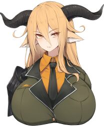 Rule 34 | 1girl, absurdres, animal ears, arknights, black necktie, blonde hair, breasts, collared shirt, commentary request, degenbrecher (arknights), goat ears, goat girl, goat horns, green jacket, hair between eyes, highres, horns, jacket, large breasts, light blush, looking at viewer, messy hair, military uniform, necktie, orange shirt, parted lips, portrait, rikuguma, shirt, shoulder guard, solo, uniform