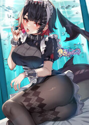 1girl artist_name ass black_hair black_pantyhose blue_eyes breasts colored_inner_hair ellen_joe felielle fingernails fins fish_tail hair_between_eyes hair_ornament hairclip highres holding holding_phone large_breasts looking_at_viewer maid maid_headdress mole mole_under_eye multicolored_hair nail_polish pantyhose phone red_eyes red_hair red_nails shark_girl shark_tail short_hair sidelocks solo tail tongue tongue_out two-tone_hair zenless_zone_zero