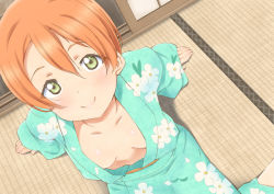 Rule 34 | 10s, 1girl, alternate eye color, arm support, blush, breasts, cleavage, closed mouth, downblouse, extended downblouse, eyes visible through hair, floral print, from above, green eyes, hoshizora rin, indoors, looking at viewer, love live!, love live! school idol project, no bra, on floor, open clothes, orange hair, short hair, sitting, small breasts, smile, solo, uniphon
