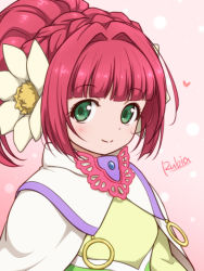 Rule 34 | 1girl, blunt bangs, braid, cape, character name, closed mouth, flower, green eyes, hair flower, hair intakes, hair ornament, kiikii (kitsukedokoro), looking at viewer, ponytail, red hair, rubia natwick, short hair, smile, solo, tales of (series), tales of the tempest, upper body, white cape, white flower
