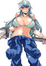 Rule 34 | 1girl, alternate costume, bikini, bikini top only, blue hair, blue jumpsuit, breasts, clothes around waist, collarbone, contrapposto, cowboy shot, eyebrows, groin, hair between eyes, heiseikorotaisei, hip focus, holding, holding behind back, jumpsuit, kamishirasawa keine, large breasts, long hair, looking at viewer, multicolored hair, naughty face, navel, no panties, oversized object, shiny clothes, shiny skin, sidelocks, simple background, solo, standing, stomach, swimsuit, thick eyebrows, tongue, tongue out, touhou, two-tone hair, very long hair, white background, white bikini, wrench