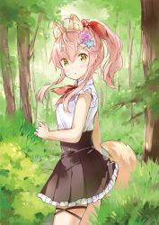 Rule 34 | 1girl, :o, ahoge, animal ear fluff, animal ears, bare arms, black skirt, blue flower, blush, brown eyes, flower, forest, frilled skirt, frills, from side, hair between eyes, hair flower, hair ornament, hair ribbon, hairclip, high ponytail, long hair, looking at viewer, looking to the side, nature, original, outdoors, parted lips, pink hair, pleated skirt, ponytail, purple flower, red neckwear, red ribbon, ribbon, shirt, sidelocks, skirt, sleeveless, sleeveless shirt, solo, standing, tail, tree, wataame27, white shirt, wolf-chan (wataame27), wolf ears, wolf girl, wolf tail