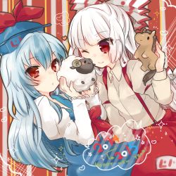 2girls bad_id bad_pixiv_id blue_hair bow fujiwara_no_mokou hair_bow happy_new_year hat heart horse kamishirasawa_keine long_hair multiple_girls new_year one_eye_closed red_eyes sheep takamura touhou white_hair