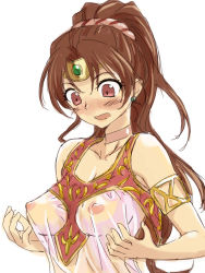 Rule 34 | 1girl, :o, armlet, blush, bracer, breasts, brown hair, circlet, earrings, embarrassed, fire emblem, fire emblem: mystery of the emblem, fire emblem: shadow dragon, jewelry, linde (fire emblem), long hair, michael f91, nintendo, nipples, open mouth, perky breasts, red eyes, see-through, shirt, solo, wet, wet clothes, wet shirt