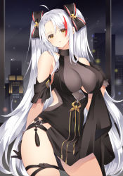 Rule 34 | 1girl, absurdres, ahoge, alternate costume, azur lane, bad id, bad pixiv id, black dress, black gloves, blush, bow, breasts, brown eyes, cityscape, contrapposto, cowboy shot, dress, gloves, hair between eyes, highres, indoors, large breasts, long hair, looking at viewer, multicolored hair, night, open mouth, prinz eugen (azur lane), prinz eugen (cordial cornflower) (azur lane), red hair, sidelocks, silver hair, solo, streaked hair, thighs, two side up, very long hair, window, yuzu-aki