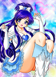 Rule 34 | 1girl, alternate breast size, arm warmers, blue background, breasts, brooch, collarbone, colorful, cure white, dress, frills, futari wa precure, futari wa precure max heart, heart, heart brooch, highres, jewelry, leg warmers, looking at viewer, magical girl, medium breasts, multicolored background, open mouth, pink background, precure, sitting, smile, tatsumi kyouhei, white dress, yellow background, yukishiro honoka