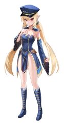 Rule 34 | 1girl, absurdres, bare shoulders, blonde hair, blue dress, blue footwear, blue hat, boots, breasts, closed mouth, commission, covered navel, detached sleeves, dress, dungeon and fighter, epaulettes, full body, gold trim, hair ornament, hand on own chest, hand up, hat, highres, knee boots, long hair, long sleeves, looking at viewer, mage (dungeon and fighter), medium breasts, no panties, peaked cap, pelvic curtain, pointy ears, red eyes, sidelocks, smile, solo, somyo (s0my0), standing, strapless, strapless dress, thighs, twintails, very long hair, wide sleeves